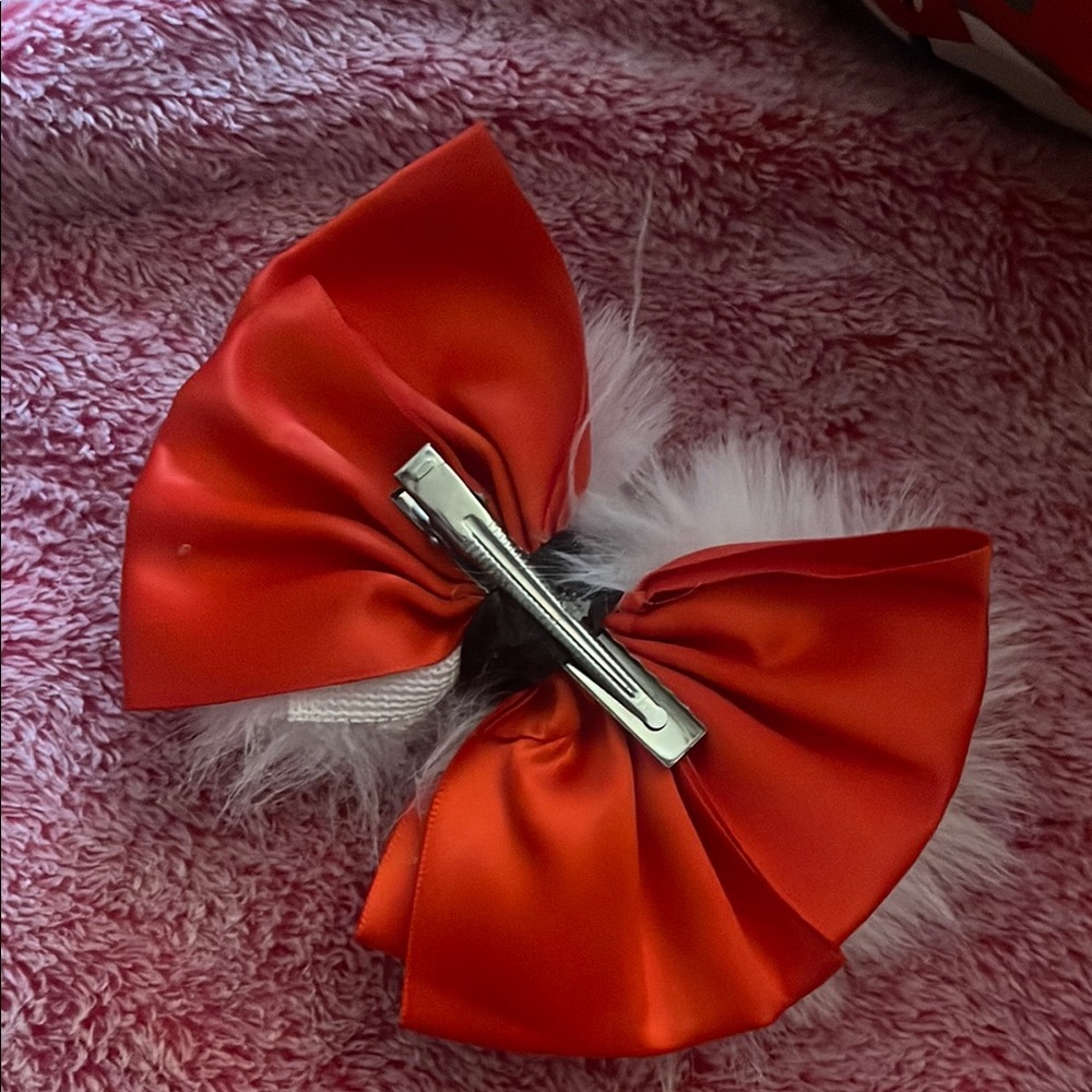 Chic Orange Satin Hair Bow with Fluffy Trim